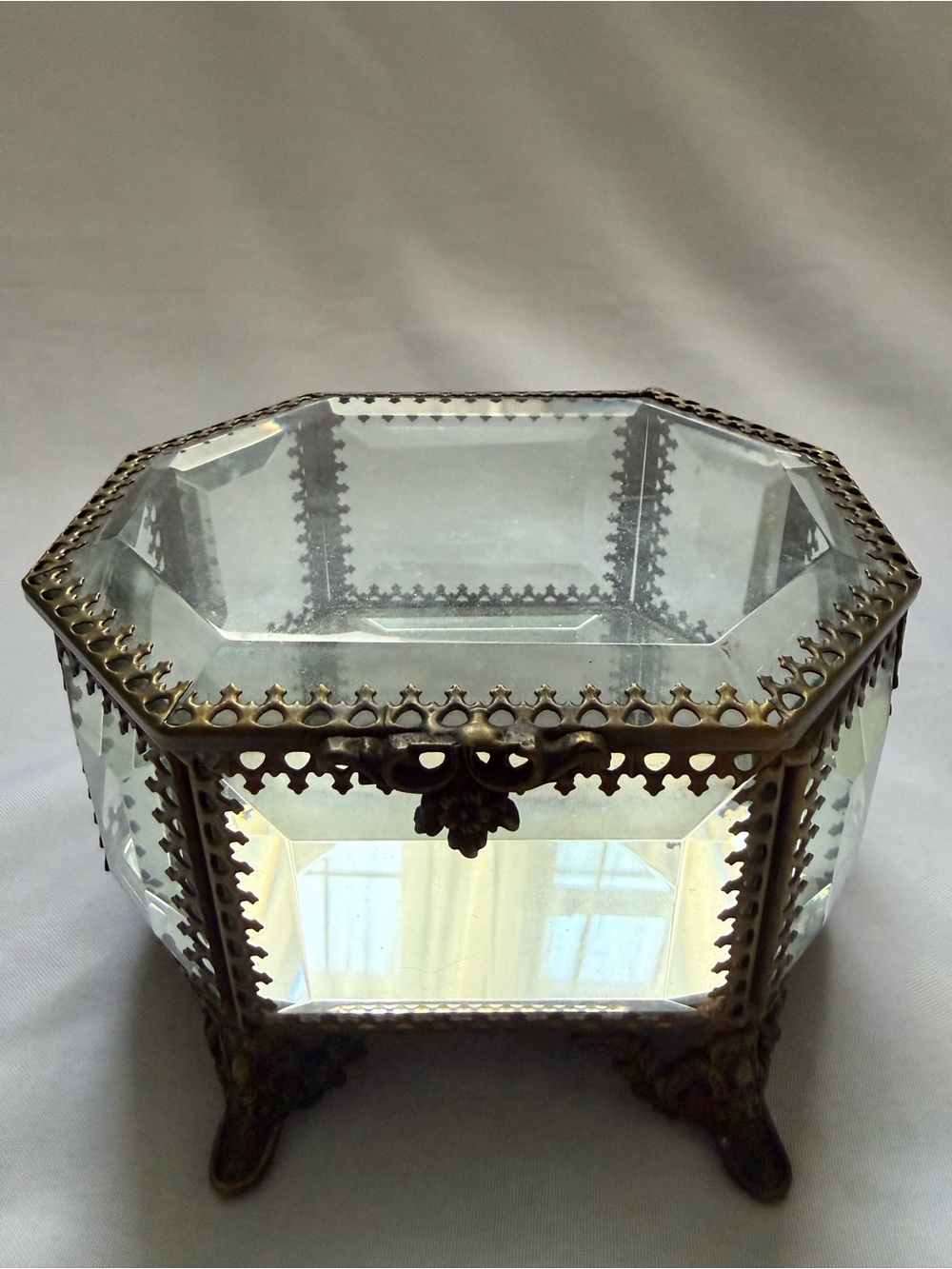 Nicole Miller Octagonal Glass Jewelry Box with Brass-Tone Filigree